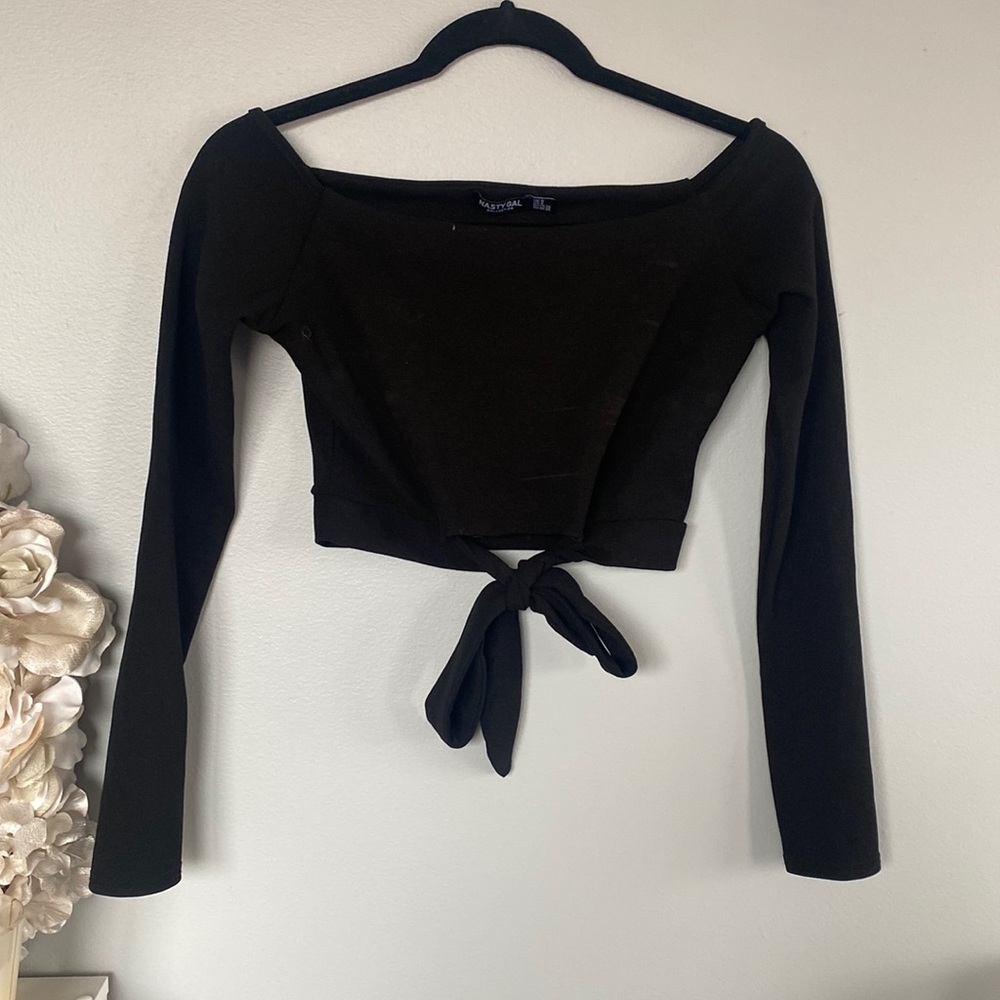 Black off the shoulder crop top with tie in front